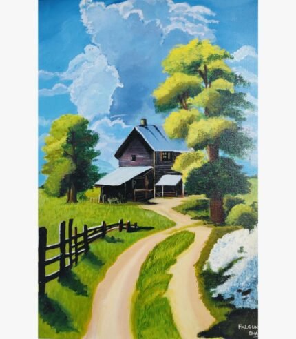 Original landscape painting titled Serene Homestead by Falguni Dhapa featuring a rustic wooden farmhouse nestled in green meadows with a winding dirt road and brilliant blue sky on canvas.