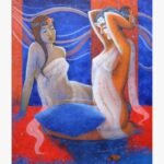 An original contemporary acrylic figurative painting on canvas depicting two women under a full moon in shades of deep cobalt blue and vibrant red by artist Pallavi Deodhar.