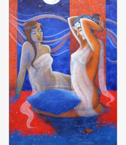 An original contemporary acrylic figurative painting on canvas depicting two women under a full moon in shades of deep cobalt blue and vibrant red by artist Pallavi Deodhar.