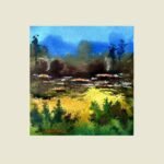 An original impressionistic watercolor landscape painting on paper depicting sunlit golden yellow fields, lush green foliage, and distant blue hills under a bright sky by artist Avinash.