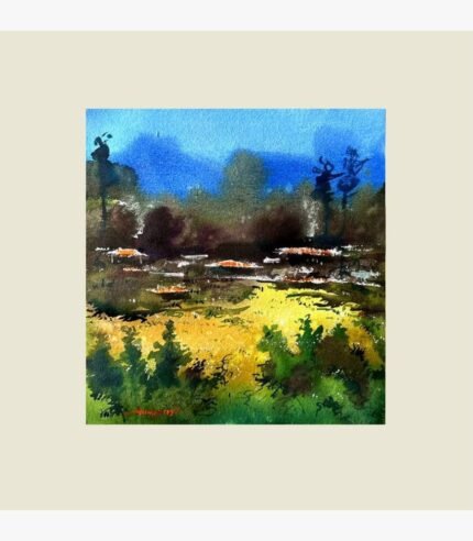 An original impressionistic watercolor landscape painting on paper depicting sunlit golden yellow fields, lush green foliage, and distant blue hills under a bright sky by artist Avinash.