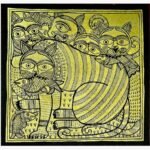 An original Indian Madhubani folk art pen and ink painting on yellow handmade paper depicting stylized cats holding fish by artist Dr. Pratibha Jain.