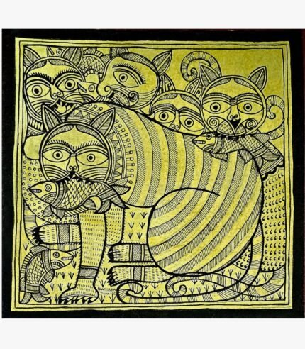 An original Indian Madhubani folk art pen and ink painting on yellow handmade paper depicting stylized cats holding fish by artist Dr. Pratibha Jain.