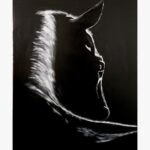 An original black and white chiaroscuro acrylic canvas painting featuring a glowing horse silhouette by artist Jyoti Machigad.