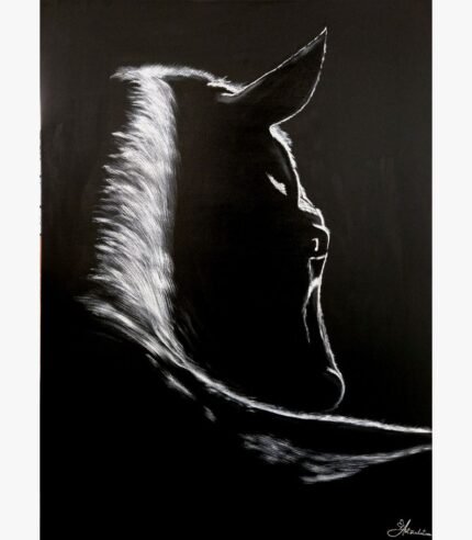 An original black and white chiaroscuro acrylic canvas painting featuring a glowing horse silhouette by artist Jyoti Machigad.