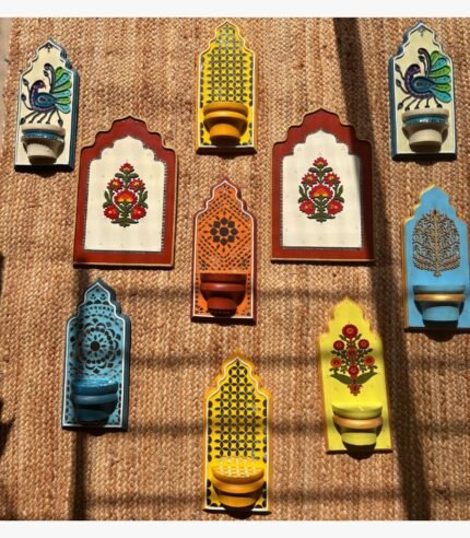 Hand-painted traditional Indian wooden Jharokha wall brackets with Lippan mirror work and Mughal floral motifs by artist Rucha Desai.