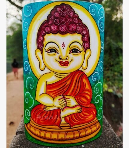 Hand-painted terracotta vase titled Cosmic Buddha by Akshaya Sivadas featuring a colorful illustration of a serene meditating little Buddha with a golden halo.