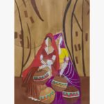 Watercolor and ink painting on paper titled Village Life (Rural Harmony) by Akaksha Mistry depicting two traditional Indian village women in colorful attire sitting with decorated earthen matka pots.