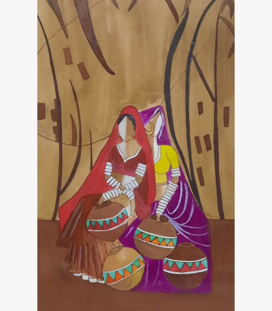 1 Watercolor and ink painting on paper titled Village Life (Rural Harmony) by Akaksha Mistry depicting two traditional Indian village women in colorful attire sitting with decorated earthen matka pots.