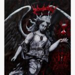 Dark gothic surreal painting titled Angel of Time The Crimson Hour by Art Gallery featuring a winged marble-like angel with a floating red crown holding an hourglass and lantern.