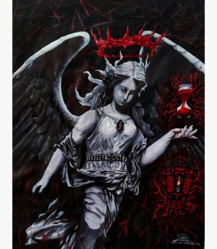 Dark gothic surreal painting titled Angel of Time The Crimson Hour by Art Gallery featuring a winged marble-like angel with a floating red crown holding an hourglass and lantern.