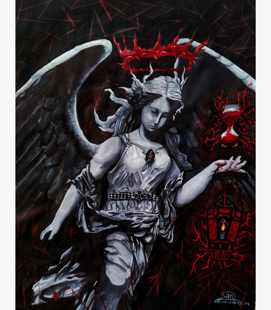 1 Dark gothic surreal painting titled Angel of Time The Crimson Hour by Art Gallery featuring a winged marble-like angel with a floating red crown holding an hourglass and lantern.