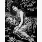 Detailed monochrome charcoal and graphite sketch titled Lotus Lady Serenade by Bharti Parmar depicting a classical Indian woman sitting gracefully beside a lotus pond.