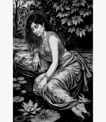 Detailed monochrome charcoal and graphite sketch titled Lotus Lady Serenade by Bharti Parmar depicting a classical Indian woman sitting gracefully beside a lotus pond.