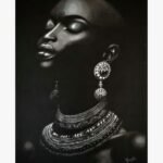 Highly detailed monochrome charcoal drawing titled Melanin Majesty by Deepika kreates depicting an elegant African woman with a bald head profile wearing intricate silver ethnic jewelry.