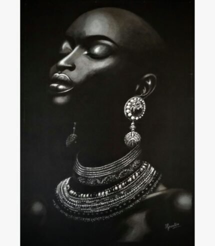 Highly detailed monochrome charcoal drawing titled Melanin Majesty by Deepika kreates depicting an elegant African woman with a bald head profile wearing intricate silver ethnic jewelry.