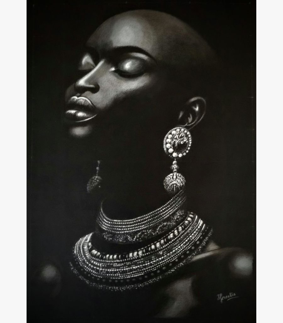 1 Highly detailed monochrome charcoal drawing titled Melanin Majesty by Deepika kreates depicting an elegant African woman with a bald head profile wearing intricate silver ethnic jewelry.