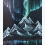 Original acrylic painting titled Aurora Over Mountains by Gayatri Gohil featuring vibrant green and violet northern lights illuminating snow-capped mountain peaks and a pine forest reflection on a lake.