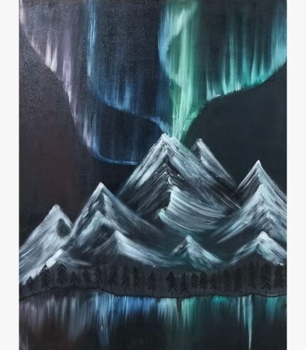 Original acrylic painting titled Aurora Over Mountains by Gayatri Gohil featuring vibrant green and violet northern lights illuminating snow-capped mountain peaks and a pine forest reflection on a lake.