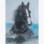 Detailed mixed media charcoal painting titled Ocean Stallion by Pramod devdikar depicting a dark horse with a white blaze riding through blue ocean waves.