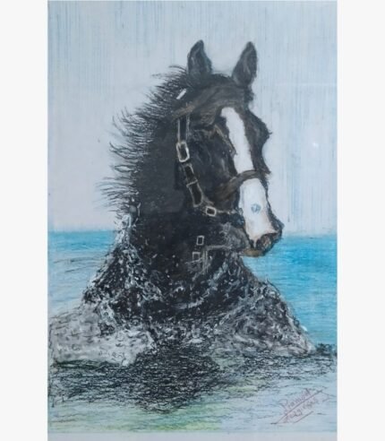 Detailed mixed media charcoal painting titled Ocean Stallion by Pramod devdikar depicting a dark horse with a white blaze riding through blue ocean waves.