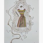 Original contemporary watercolor painting titled The Loom of Nature by Hardev Chauhan showcasing a vibrant striped dress encircled by concentric organic vines and blooming cotton branches.