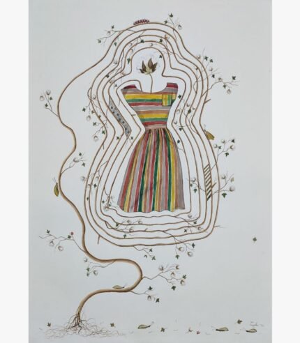 Original contemporary watercolor painting titled The Loom of Nature by Hardev Chauhan showcasing a vibrant striped dress encircled by concentric organic vines and blooming cotton branches.