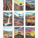 A 9-panel contemporary abstract landscape painting grid depicting rolling hills, a hidden waterfall, stylized farmlands, and silhouetted trees in acrylic on canvas, by Vikas Shiyal.