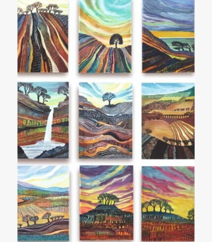 A 9-panel contemporary abstract landscape painting grid depicting rolling hills, a hidden waterfall, stylized farmlands, and silhouetted trees in acrylic on canvas, by Vikas Shiyal.