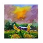 An original impressionistic watercolor landscape painting on paper featuring a cozy rural farm cottage surrounded by autumn foliage under a golden sunset sky by artist Avinash.