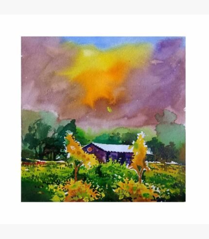 An original impressionistic watercolor landscape painting on paper featuring a cozy rural farm cottage surrounded by autumn foliage under a golden sunset sky by artist Avinash.
