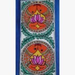 An original Indian Madhubani folk art painting on handmade paper featuring twin circular mandalas with lotus flowers and paired fish by artist Bhavna Mishra.