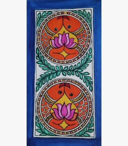 An original Indian Madhubani folk art painting on handmade paper featuring twin circular mandalas with lotus flowers and paired fish by artist Bhavna Mishra.
