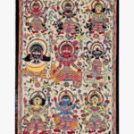 An original Indian Madhubani folk art painting on handmade paper depicting the Navagraha nine planetary deities by artist Bhavna Mishra.