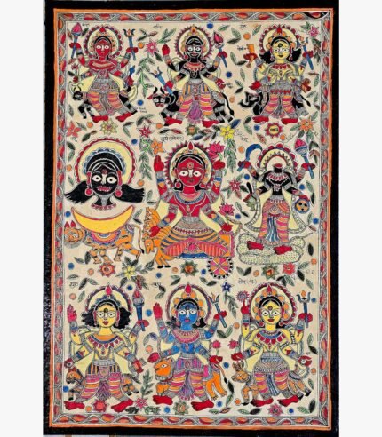An original Indian Madhubani folk art painting on handmade paper depicting the Navagraha nine planetary deities by artist Bhavna Mishra.
