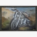 An original monochrome vintage motorcycle acrylic canvas painting featuring a classic chopper in sepia and charcoal tones by artist Jyoti Machigad.