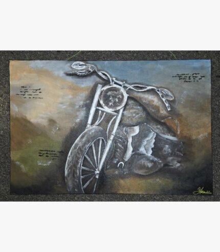 An original monochrome vintage motorcycle acrylic canvas painting featuring a classic chopper in sepia and charcoal tones by artist Jyoti Machigad.