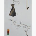 Original contemporary surrealist watercolor painting titled Threads of Metamorphosis by Hardev Chauhan showcasing a black dress with an ornate patterned sash growing from a rooted vine alongside a butterfly resting near a saw-edged ribbon.