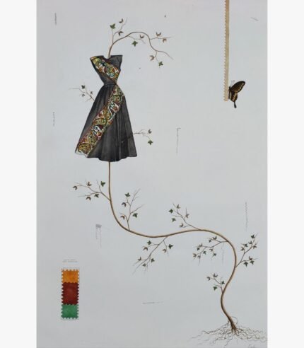 Original contemporary surrealist watercolor painting titled Threads of Metamorphosis by Hardev Chauhan showcasing a black dress with an ornate patterned sash growing from a rooted vine alongside a butterfly resting near a saw-edged ribbon.