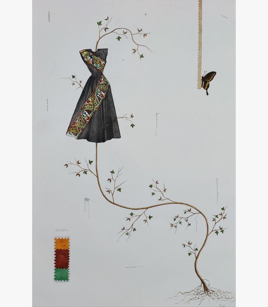 11 Original contemporary surrealist watercolor painting titled Threads of Metamorphosis by Hardev Chauhan showcasing a black dress with an ornate patterned sash growing from a rooted vine alongside a butterfly resting near a saw-edged ribbon.