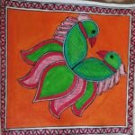An original Indian Madhubani folk art painting on handmade paper featuring two green parrots on a bright orange background by artist Bhavna Mishra.