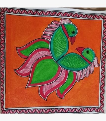 An original Indian Madhubani folk art painting on handmade paper featuring two green parrots on a bright orange background by artist Bhavna Mishra.