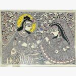 An original Indian Madhubani folk art painting on handmade paper featuring Radha and Lord Krishna playing flute under a tree canopy by artist Bhavna Mishra.