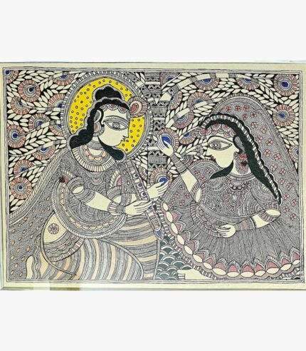 An original Indian Madhubani folk art painting on handmade paper featuring Radha and Lord Krishna playing flute under a tree canopy by artist Bhavna Mishra.