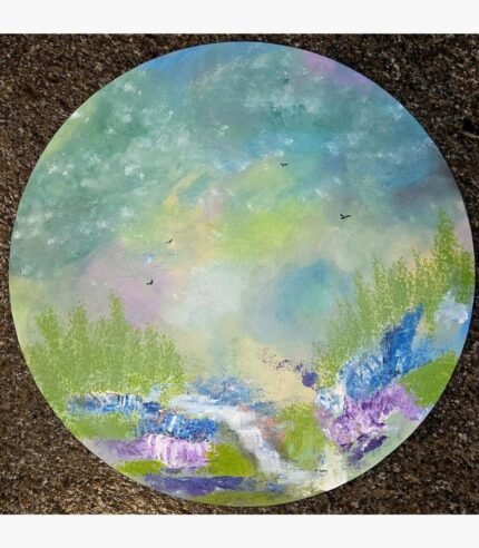 An original round impressionistic acrylic canvas painting of a flowing mountain stream through a vibrant wildflower meadow by artist Jyoti Machigad.