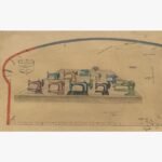 Original contemporary surrealist watercolor painting titled The Sewing Assembly by Hardev Chauhan showcasing a collection of vintage colored sewing machines arranged on a wooden table set against a nostalgic technical dressmaking pattern blueprint.