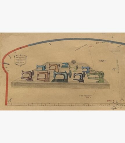 Original contemporary surrealist watercolor painting titled The Sewing Assembly by Hardev Chauhan showcasing a collection of vintage colored sewing machines arranged on a wooden table set against a nostalgic technical dressmaking pattern blueprint.