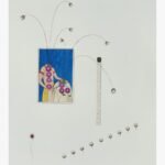 Original contemporary surrealist watercolor painting titled The Tailor's Botany by Hardev Chauhan featuring headless figures with purple buttons on a blue panel, surrounded by arches of cotton bolls and a vertical measuring tape.