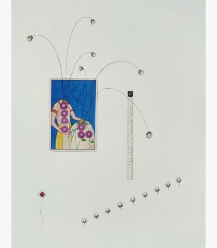 Original contemporary surrealist watercolor painting titled The Tailor's Botany by Hardev Chauhan featuring headless figures with purple buttons on a blue panel, surrounded by arches of cotton bolls and a vertical measuring tape.