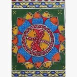 An original Indian Madhubani folk art painting on handmade paper featuring a circular cosmic fish mandala by artist Bhavna Mishra.